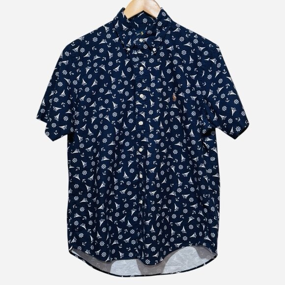 Ralph Lauren Nautical Blue Short Sleeve Button Down Flesh Pony Shirt Mens Medium - Picture 3 of 12